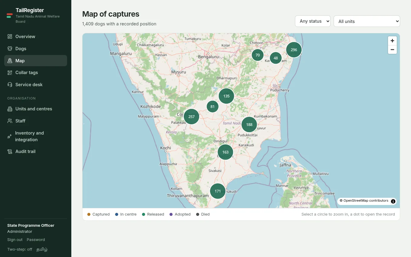 Captures and releases on the map
